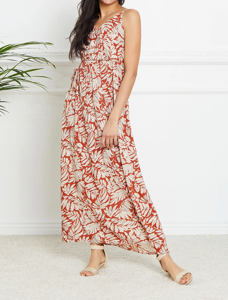 Empire-Langes Kleid mit Blätterdruck und Trägern - Rost