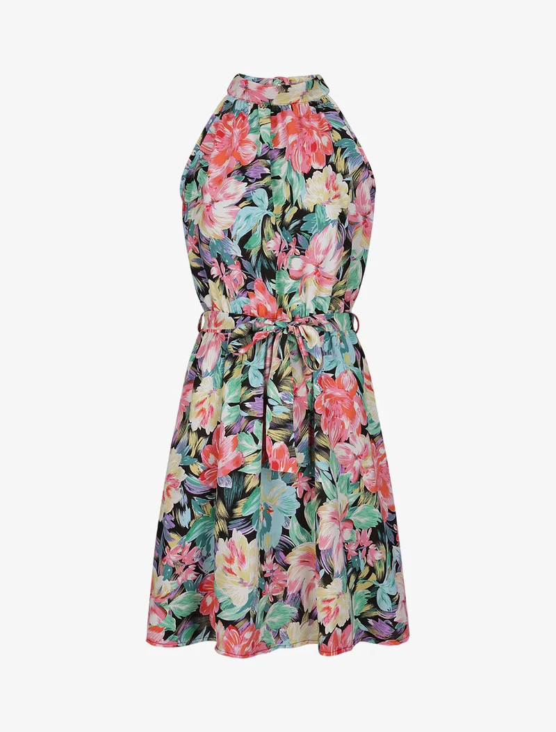 Tailliertes Kleid mit großem Blumenmuster und amerikanischem Kragen - Schwarz