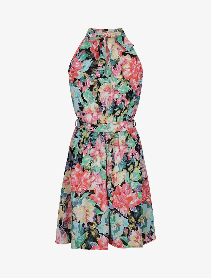 Tailliertes Kleid mit großem Blumenmuster und amerikanischem Kragen - Schwarz