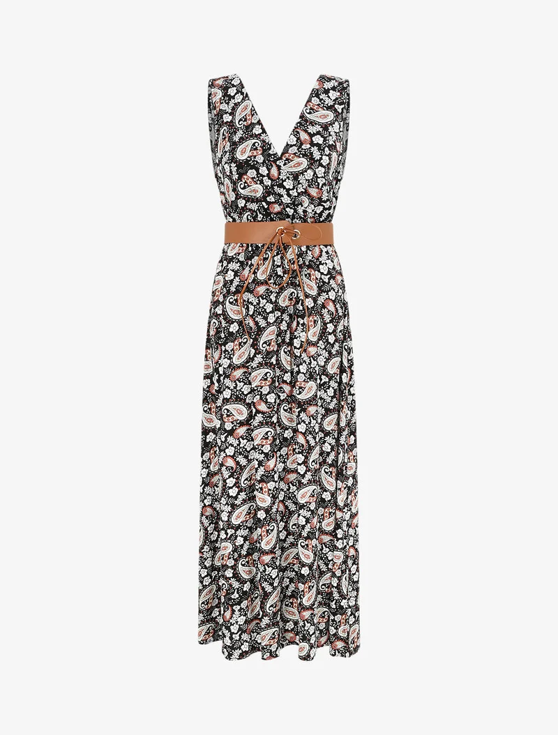 Ärmelloses Empire-Maxikleid mit Paisley-Print - Schwarz