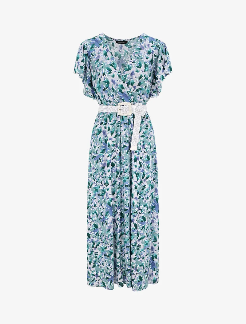 Empire-langes Kleid mit Rüschenärmeln im floralen Aquarelldruck - Grün/Blau