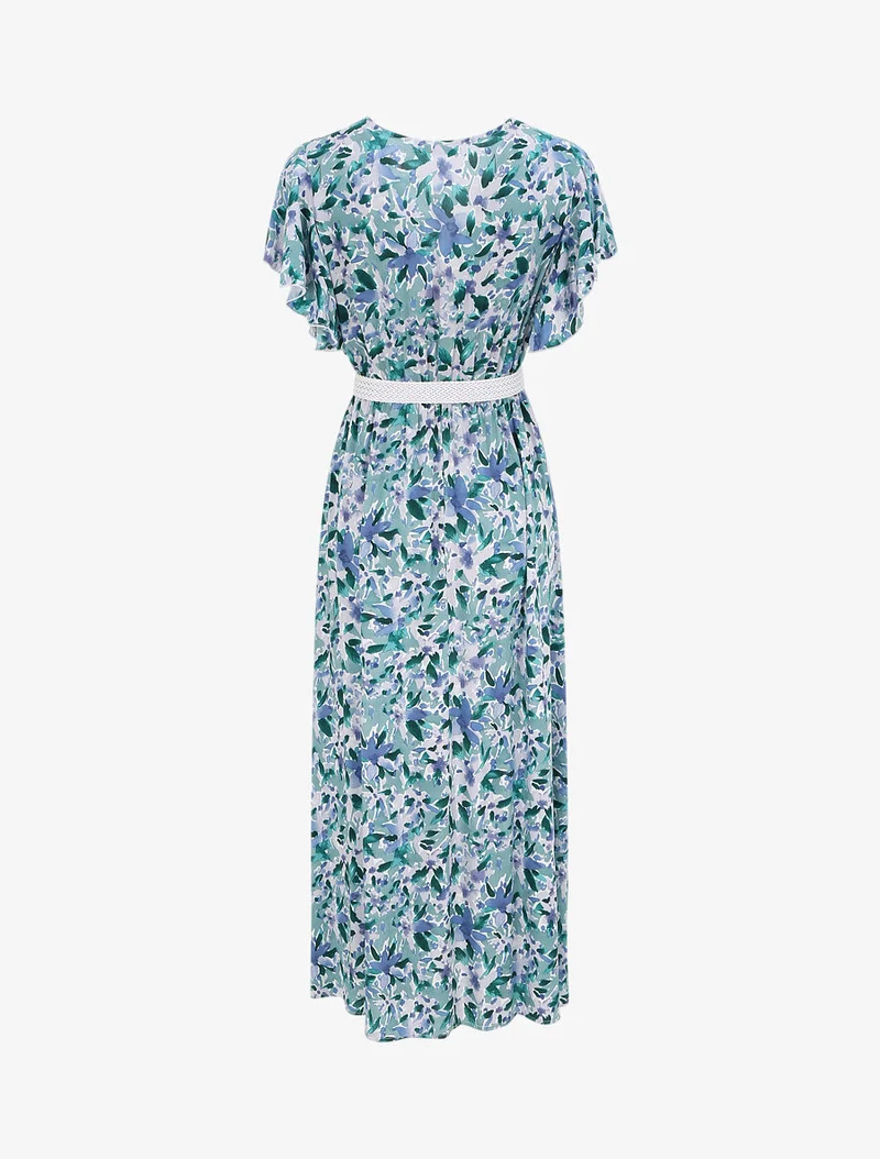 Empire-langes Kleid mit Rüschenärmeln im floralen Aquarelldruck - Grün/Blau