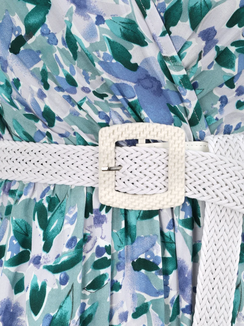 Empire-langes Kleid mit Rüschenärmeln im floralen Aquarelldruck - Grün/Blau