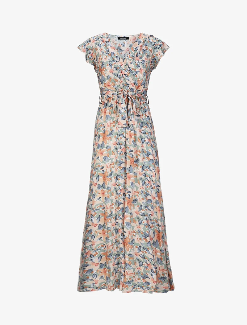 Langes Empire-Kleid mit Rüschen an den Schultern und Blumen-Aquarelldruck. - Olivgrün