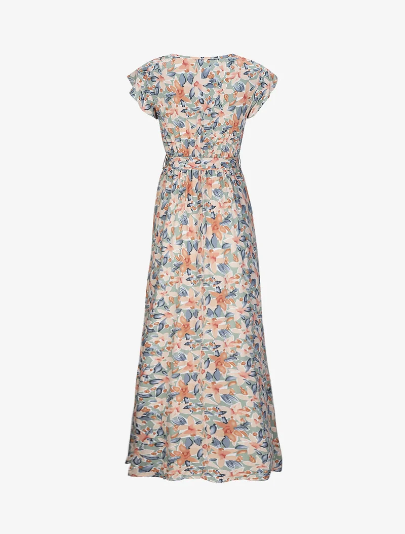 Langes Empire-Kleid mit Rüschen an den Schultern und Blumen-Aquarelldruck. - Olivgrün