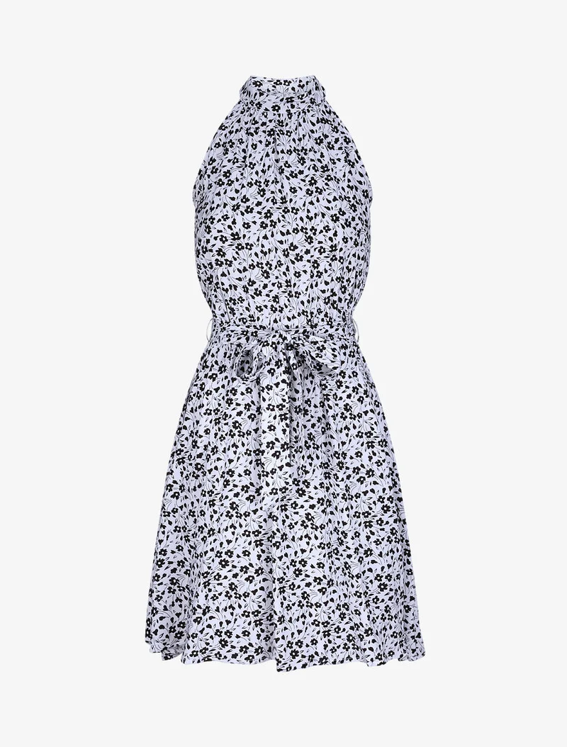 Tailliertes Kleid mit kleinen Blumenmuster und amerikanischem Kragen - Weiß