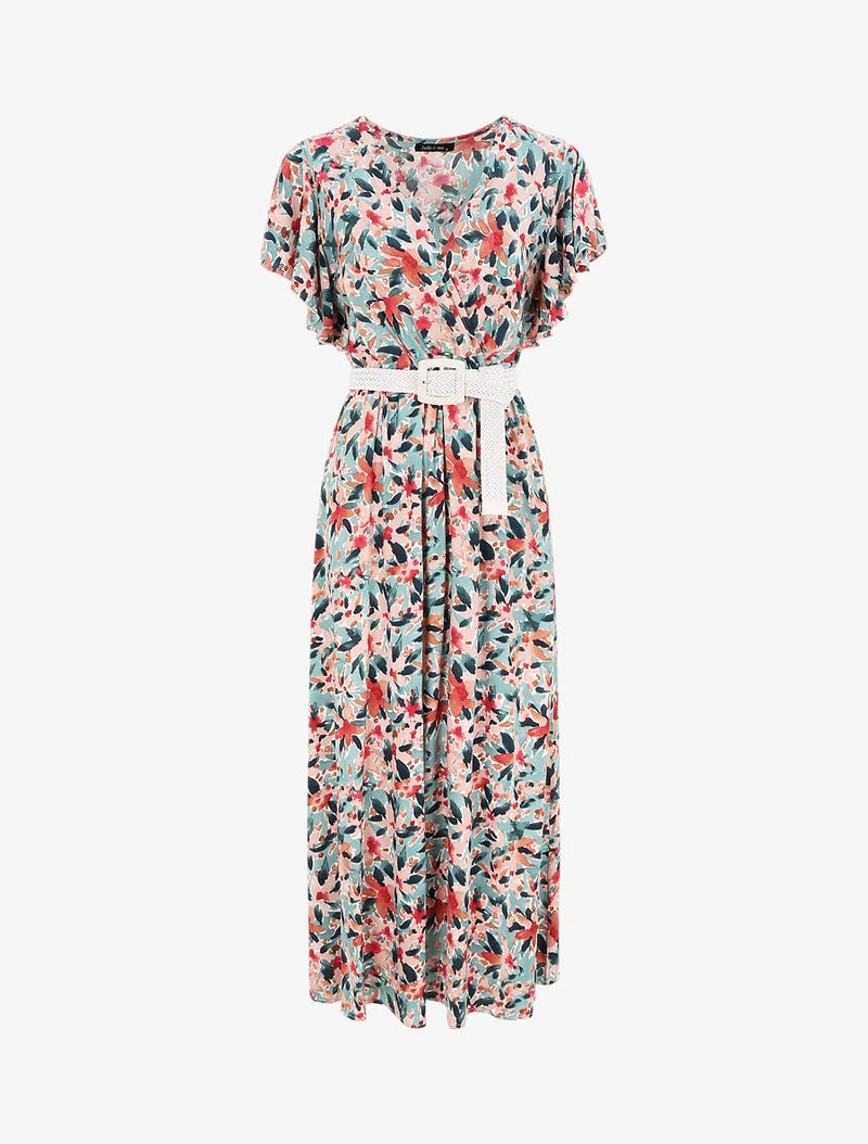 Empire-langes Kleid mit Rüschenärmeln im floralen Aquarelldruck - Grün/rosa
