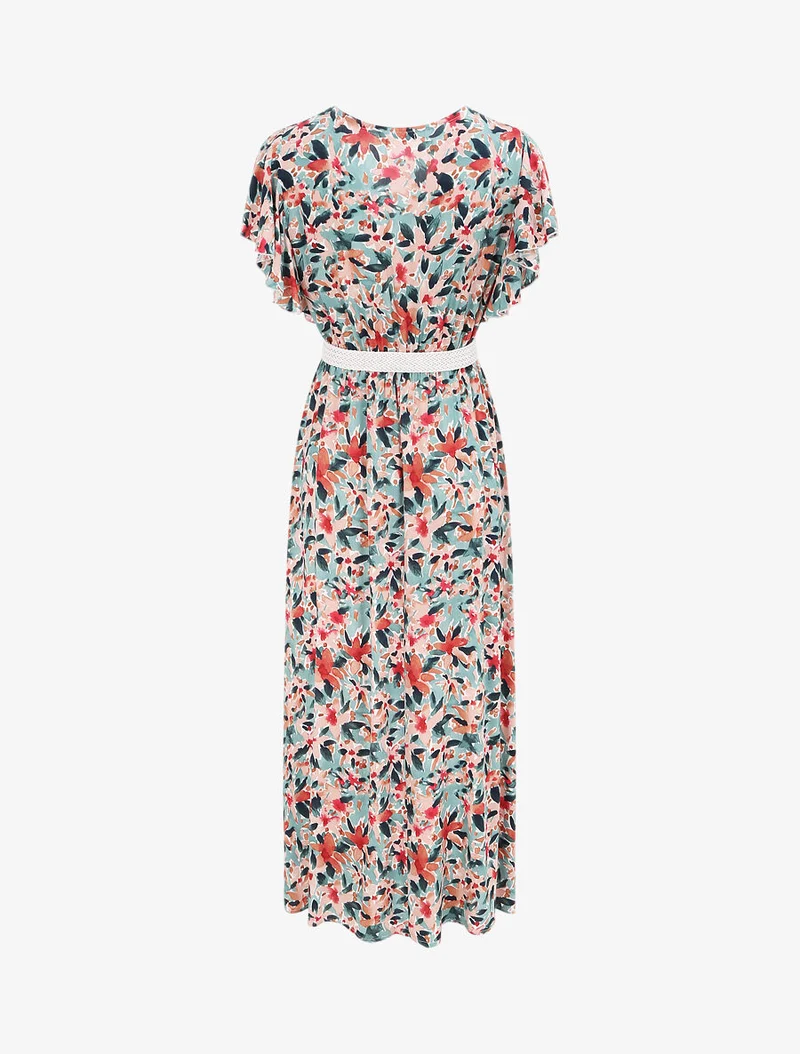 Empire-langes Kleid mit Rüschenärmeln im floralen Aquarelldruck - Grün/rosa