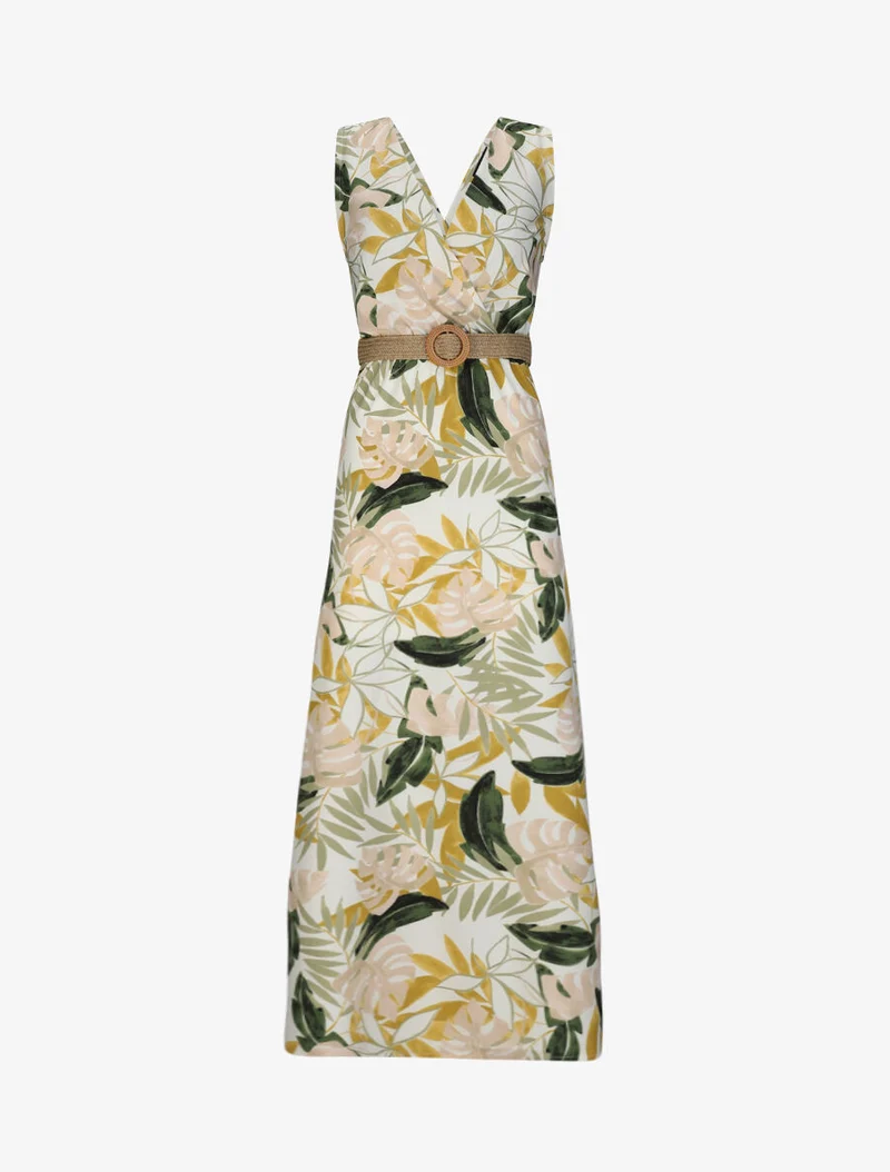 Ärmelloses langes Empire-Kleid mit tropischem Print - Ecru