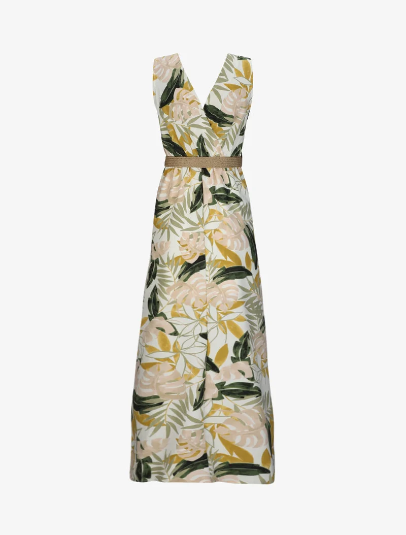 Ärmelloses langes Empire-Kleid mit tropischem Print - Ecru