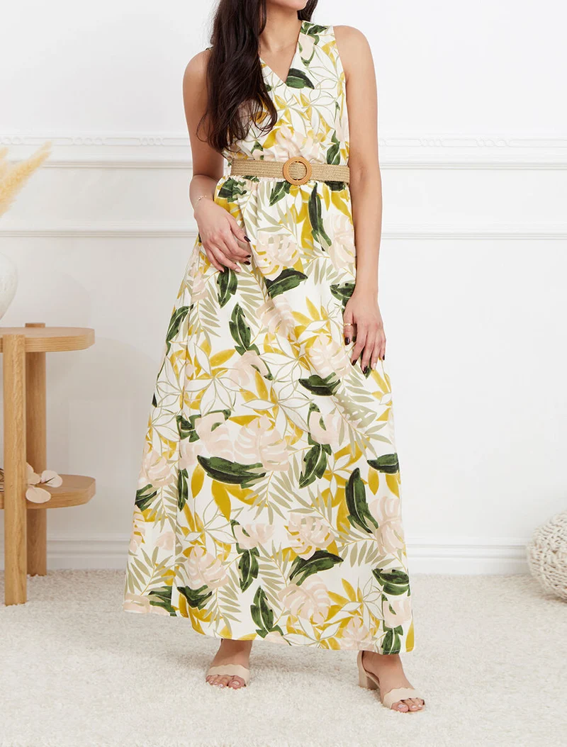 Ärmelloses langes Empire-Kleid mit tropischem Print - Ecru