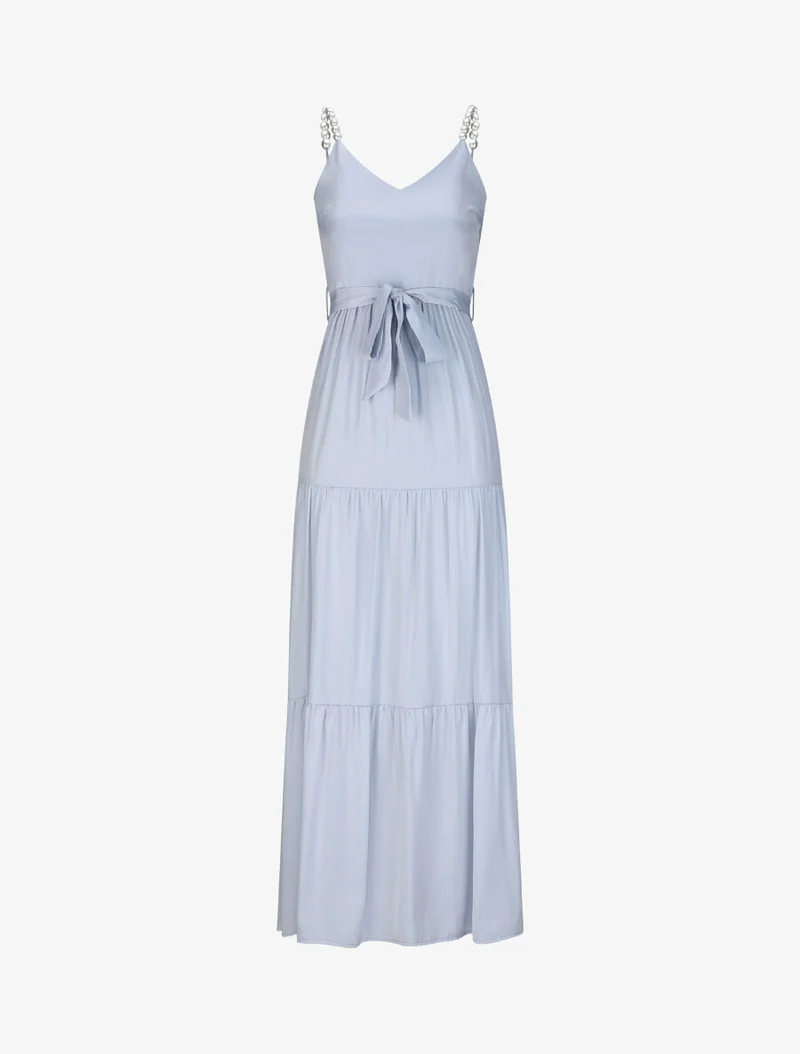 Langes einfarbiges Empire-Kleid mit Trägern und Perlen - Hellblau