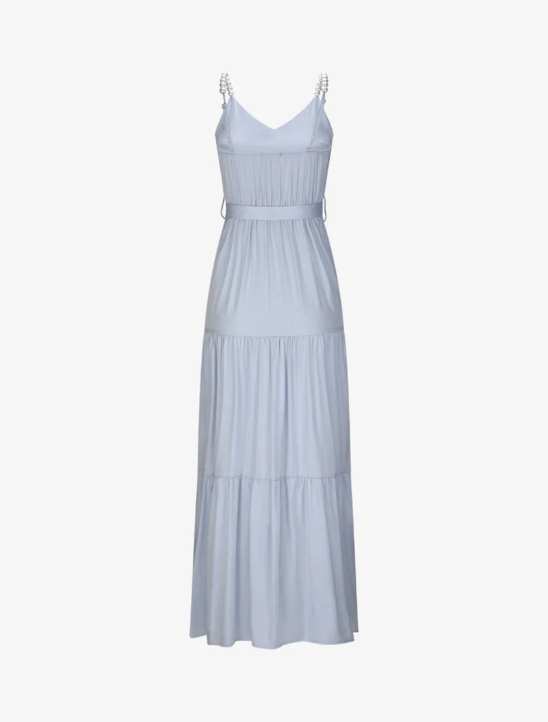 Langes einfarbiges Empire-Kleid mit Trägern und Perlen - Hellblau