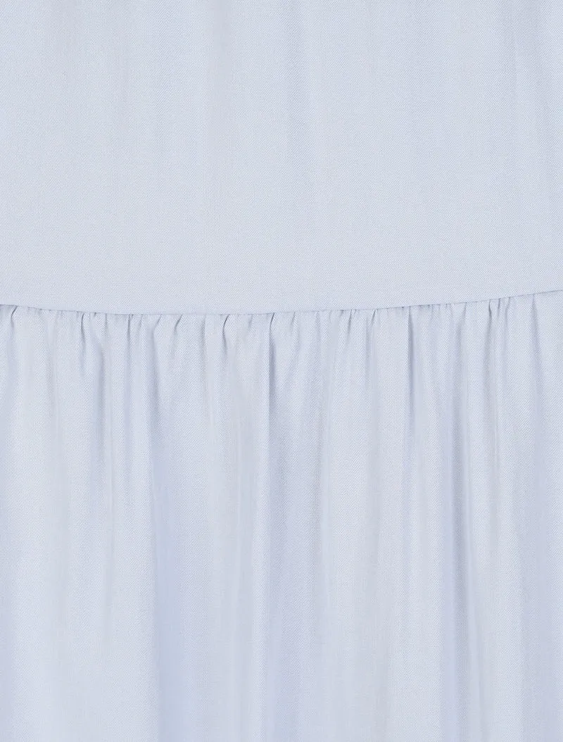 Langes einfarbiges Empire-Kleid mit Trägern und Perlen - Hellblau
