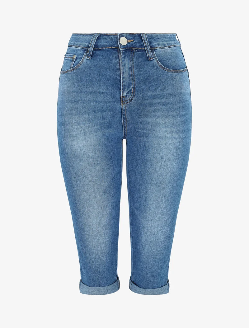 Push-up-Caprihose mit Umschlägen - Denimblau