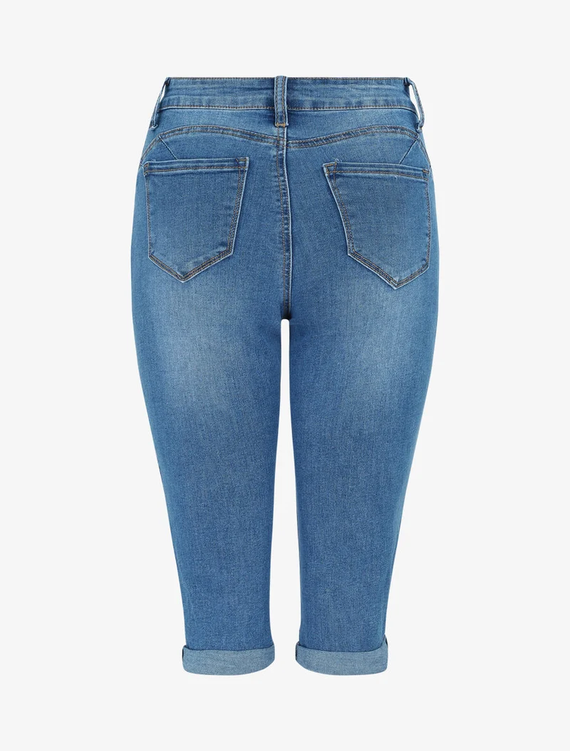 Push-up-Caprihose mit Umschlägen - Denimblau