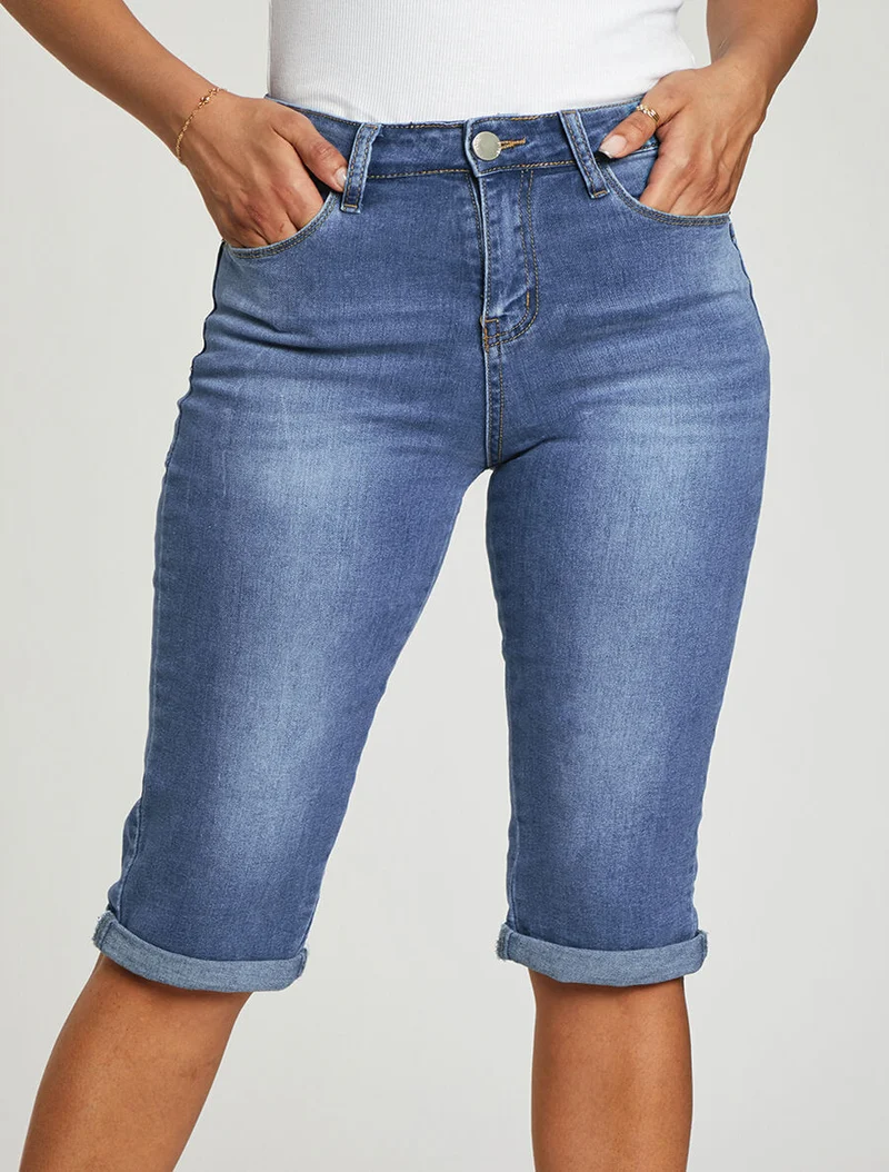 Push-up-Caprihose mit Umschlägen - Denimblau