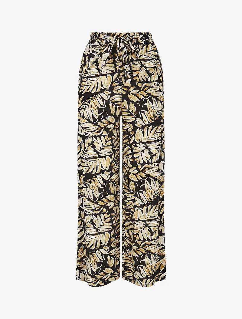 Elastische fließende Hose mit Blätterdruck - Schwarz