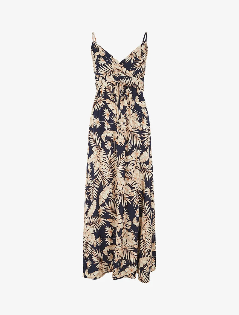 Langes Kleid mit Blätterdruck - Marine