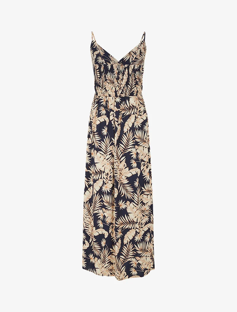 Langes Kleid mit Blätterdruck - Marine