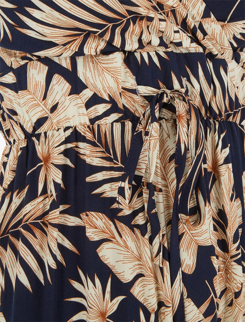Langes Kleid mit Blätterdruck - Marine