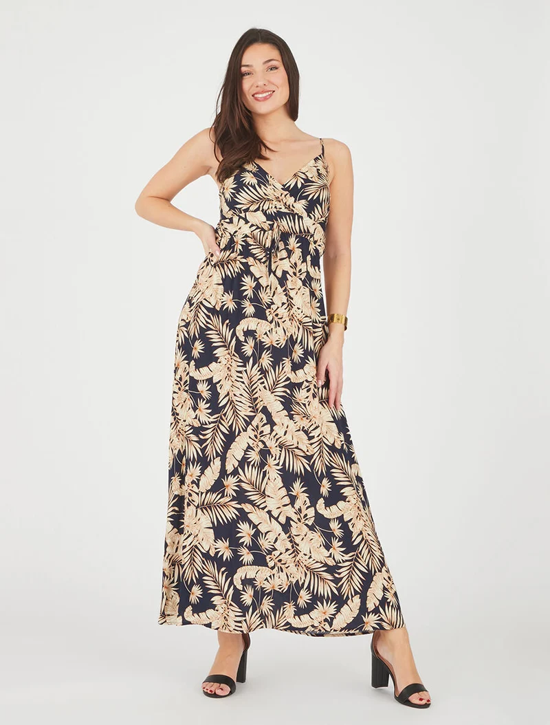Langes Kleid mit Blätterdruck - Marine