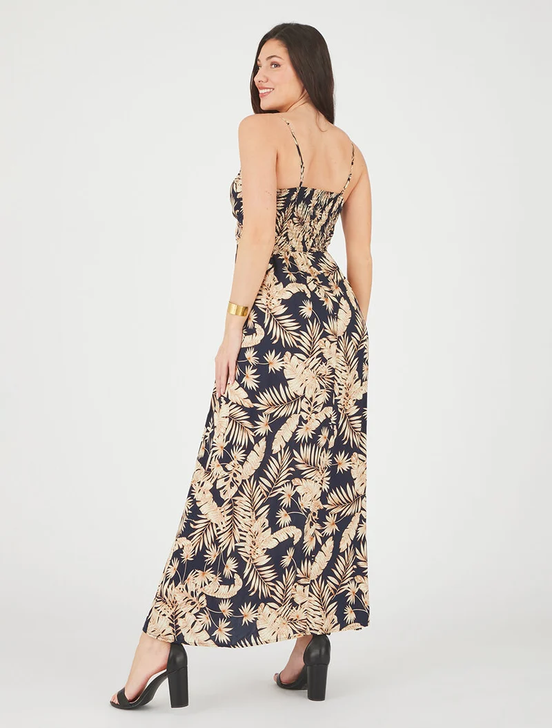 Langes Kleid mit Blätterdruck - Marine