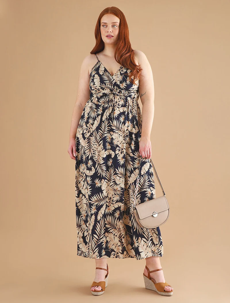 Langes Kleid mit Blätterdruck - Marine