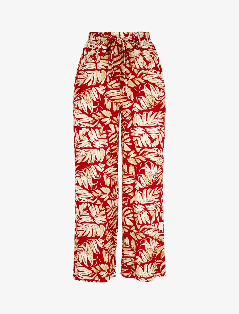 Elastische fließende Hose mit Blätterdruck - Rot