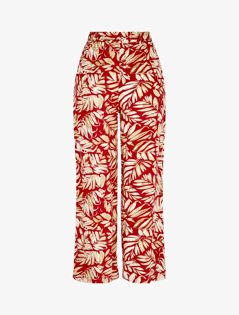 Elastische fließende Hose mit Blätterdruck - Rot