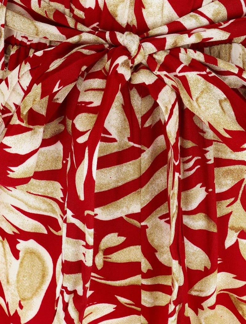 Elastische fließende Hose mit Blätterdruck - Rot