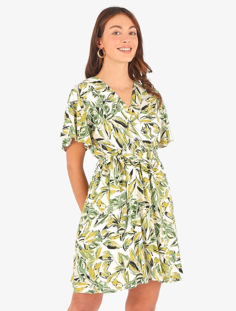 Midikleid mit Blattdruck - Grün