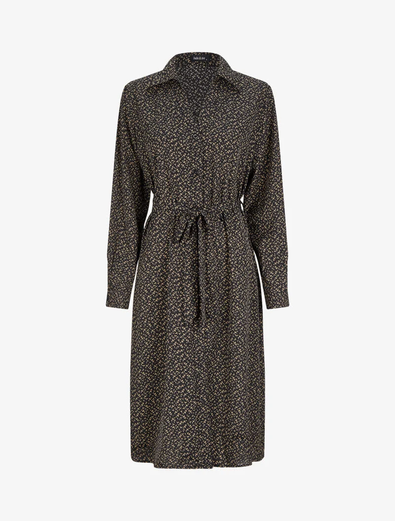 Hemdblusenkleid mit Olivenblattmuster - Schwarz