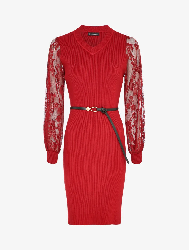 Geripptes Kleid mit Ärmeln aus Blumen-Spitze - Rot