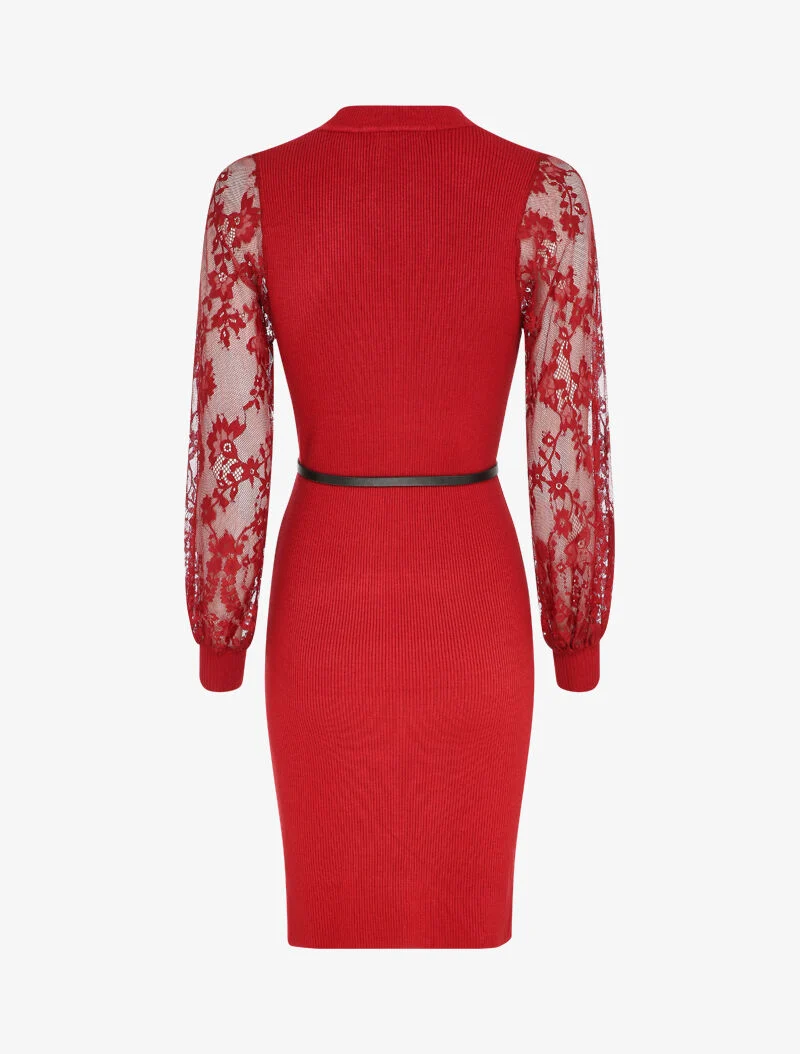 Geripptes Kleid mit Ärmeln aus Blumen-Spitze - Rot