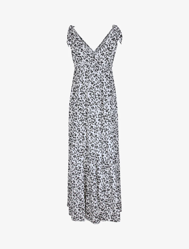 Langes Kleid mit Blattdruck - Weiß