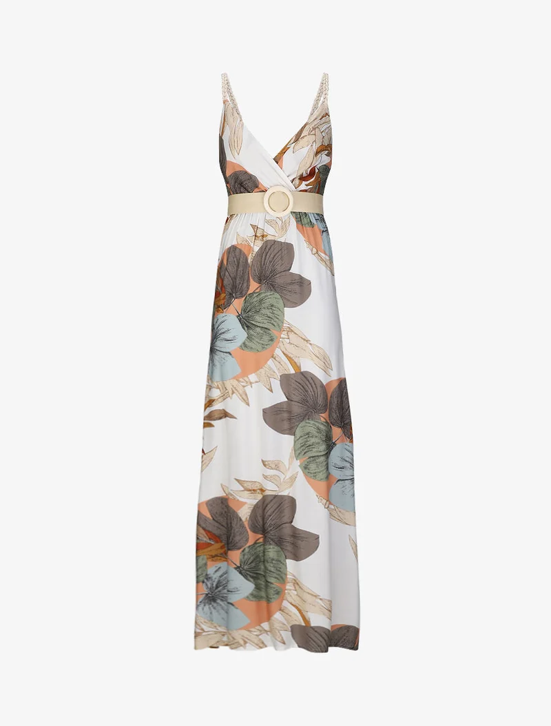 Empire-Maxikleid mit Pflanzenmuster und geflochtenen Trägern - Ecru