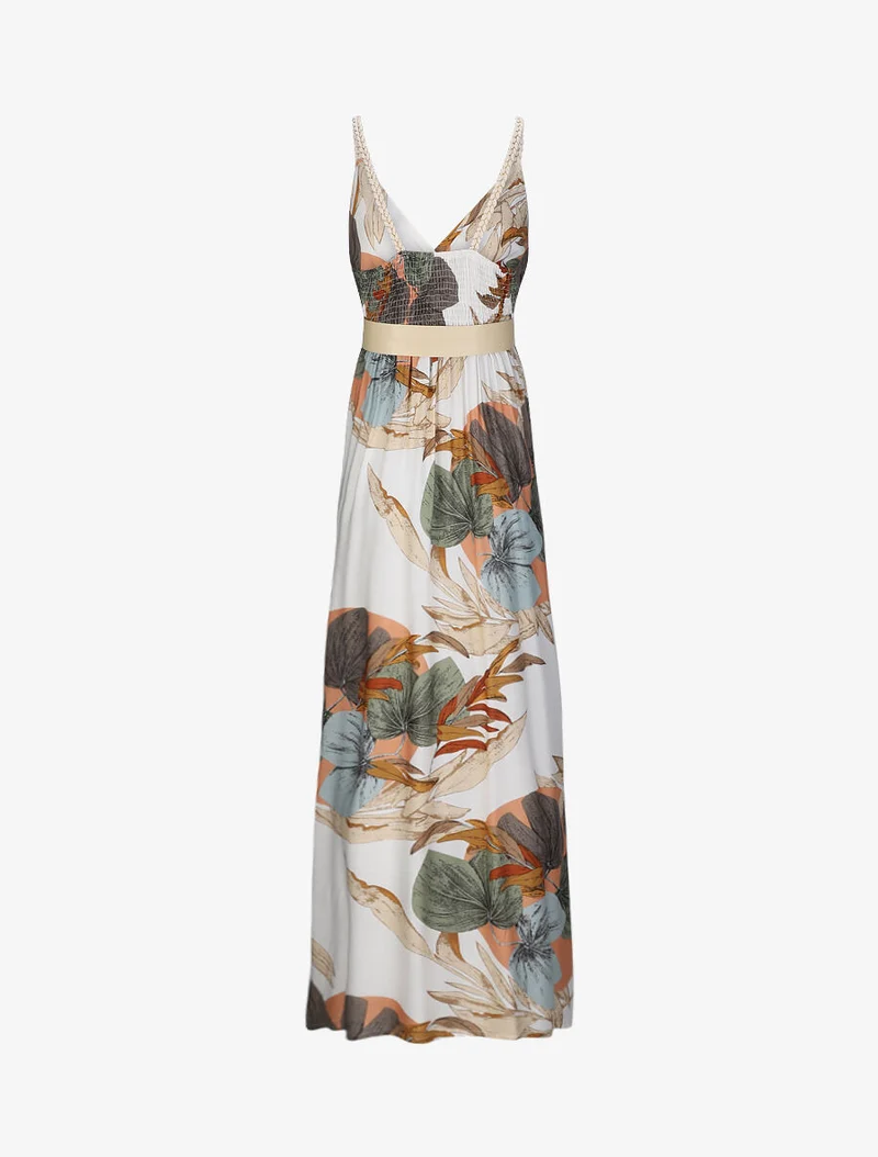 Empire-Maxikleid mit Pflanzenmuster und geflochtenen Trägern - Ecru