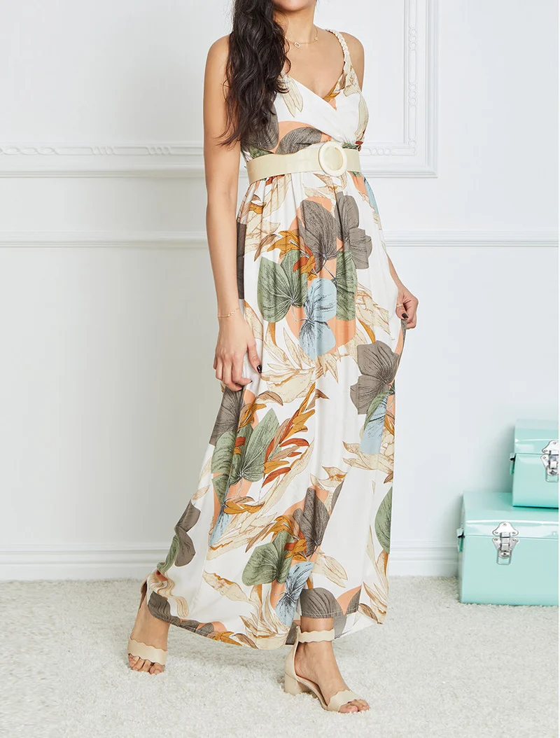 Empire-Maxikleid mit Pflanzenmuster und geflochtenen Trägern - Ecru