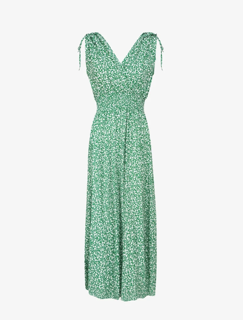 Langes Kleid mit kleiner Blumenmuster tailliert - Grün