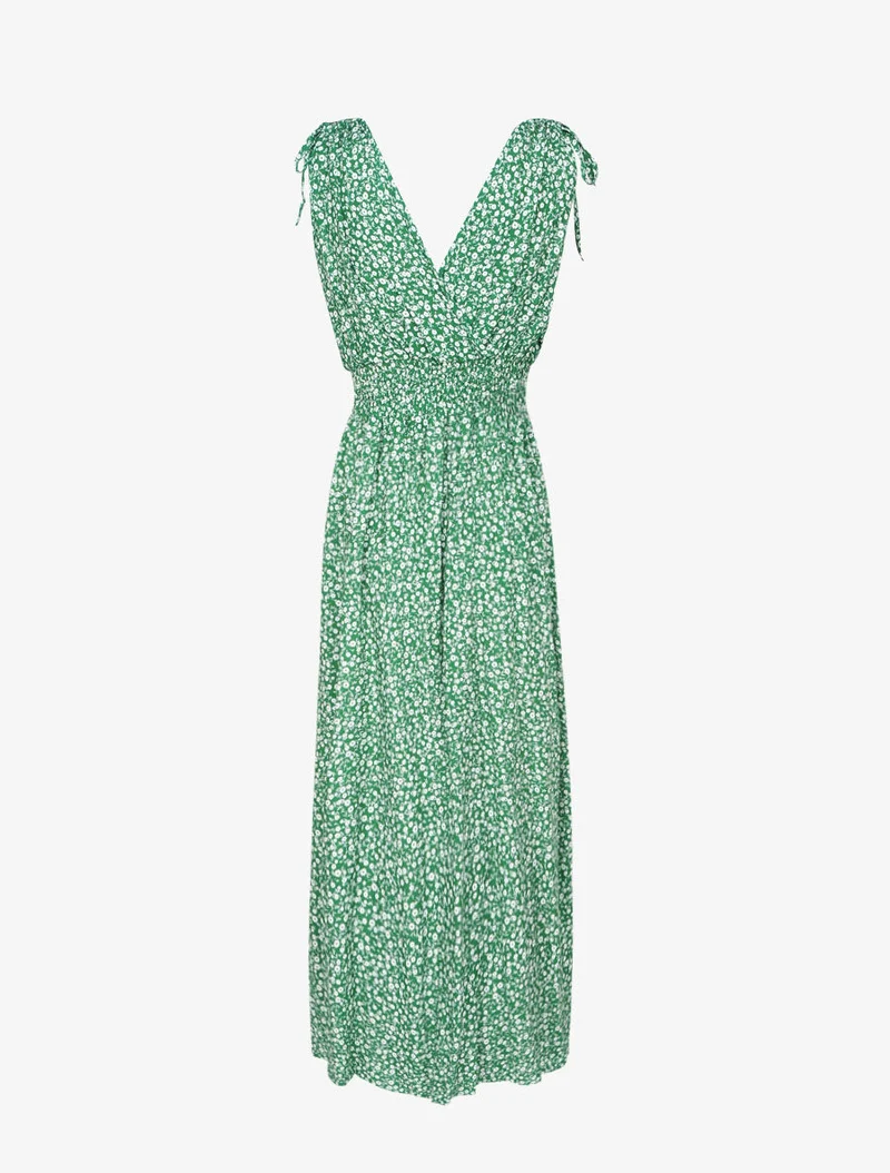Langes Kleid mit kleiner Blumenmuster tailliert - Grün