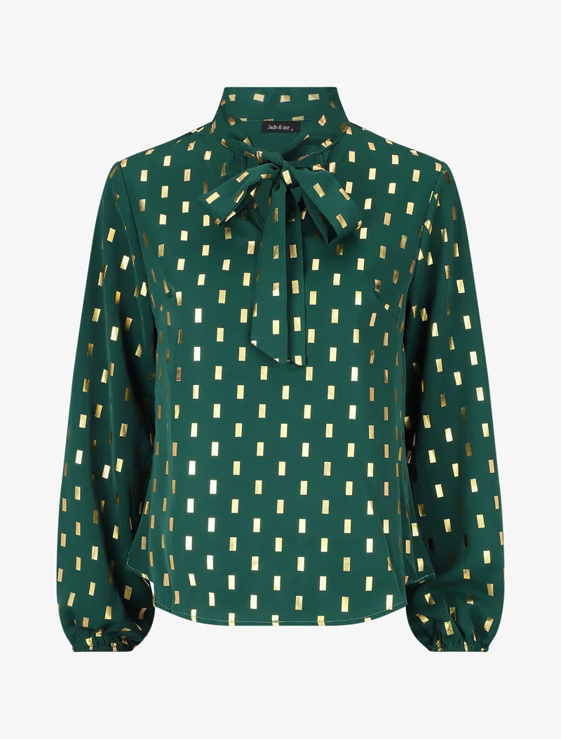 Bluse mit Lavallière-Kragen und goldfarbenem Rechteckmuster - Grün