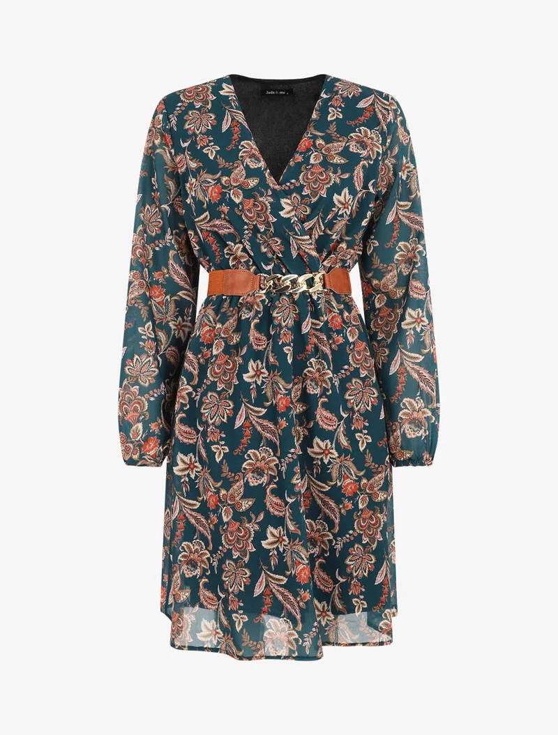 Kurzes, ausgestelltes Kleid mit Paisley-Print - Entenblau