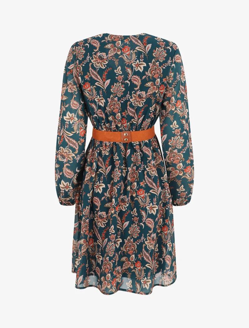 Kurzes, ausgestelltes Kleid mit Paisley-Print - Entenblau