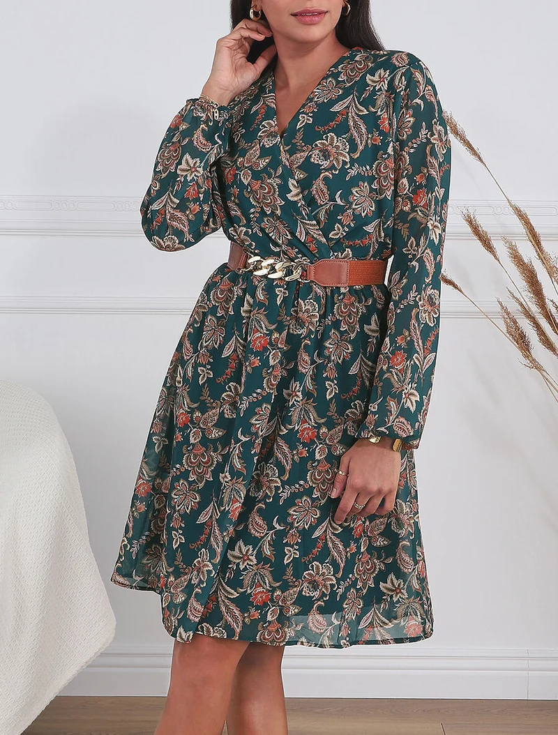 Kurzes, ausgestelltes Kleid mit Paisley-Print - Entenblau