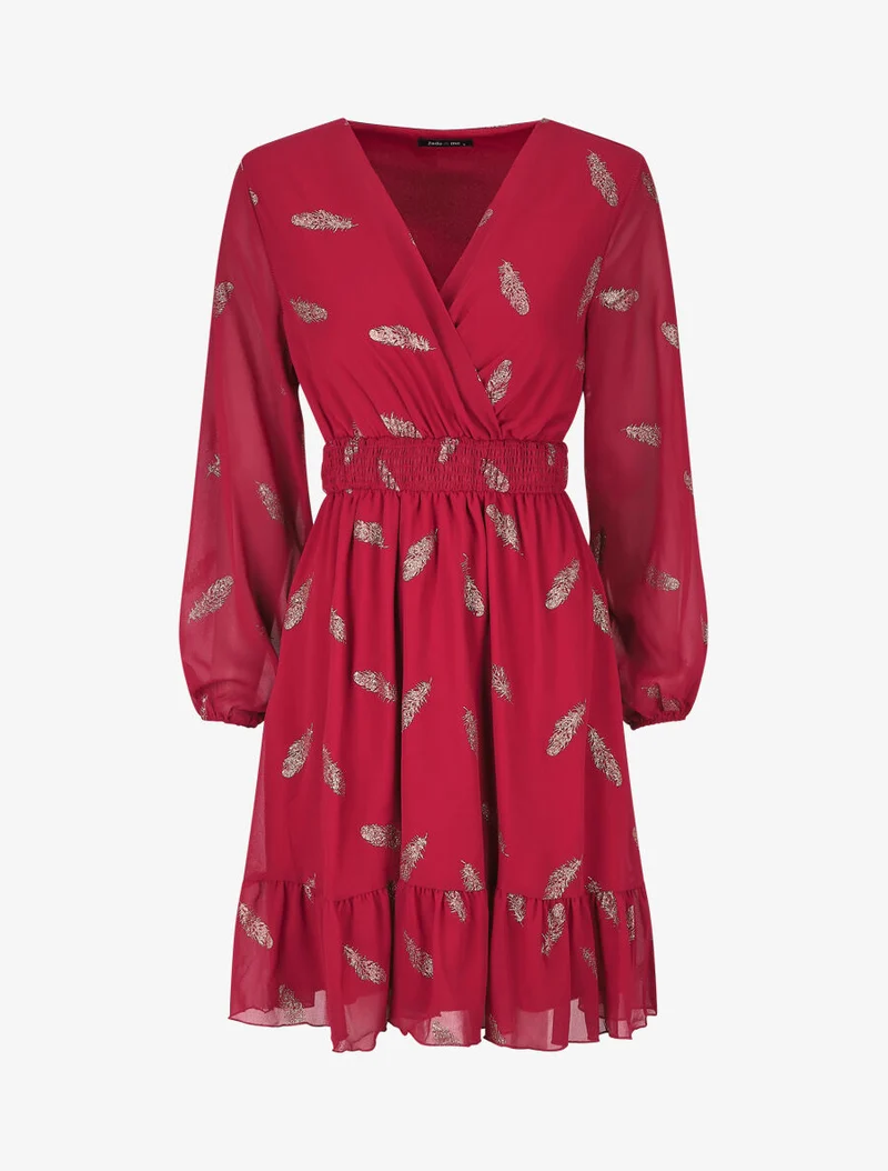 Midikleid mit goldfarbenem Federprint - Bordeaux
