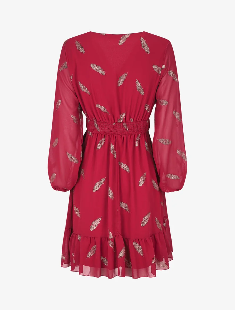 Midikleid mit goldfarbenem Federprint - Bordeaux