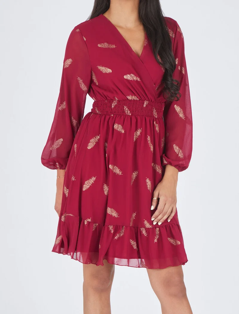 Midikleid mit goldfarbenem Federprint - Bordeaux