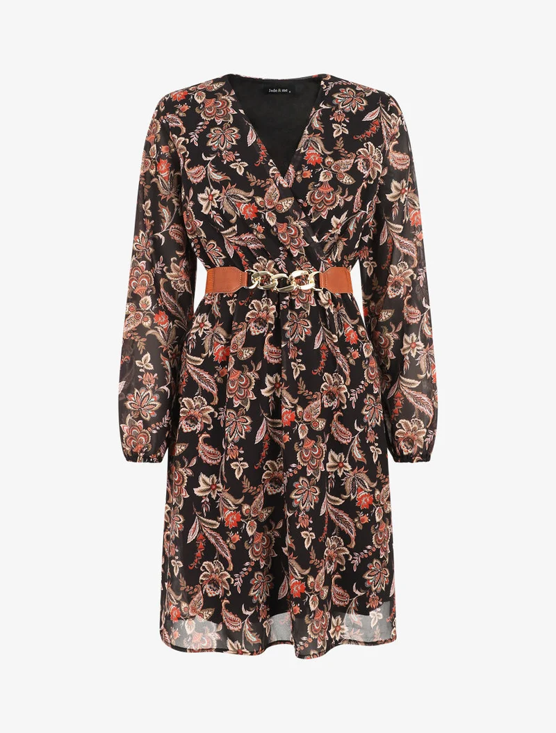 Kurzes, ausgestelltes Kleid mit Paisley-Print - Schwarz