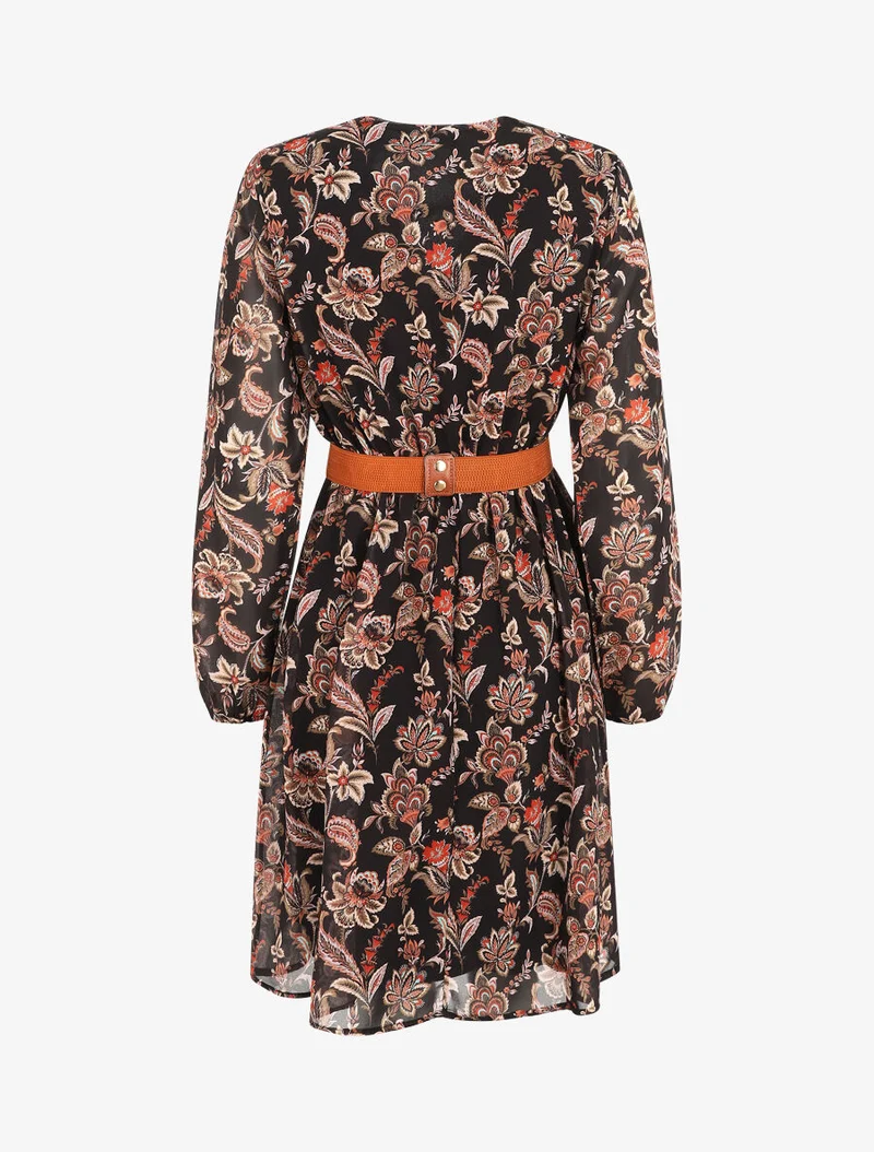 Kurzes, ausgestelltes Kleid mit Paisley-Print - Schwarz